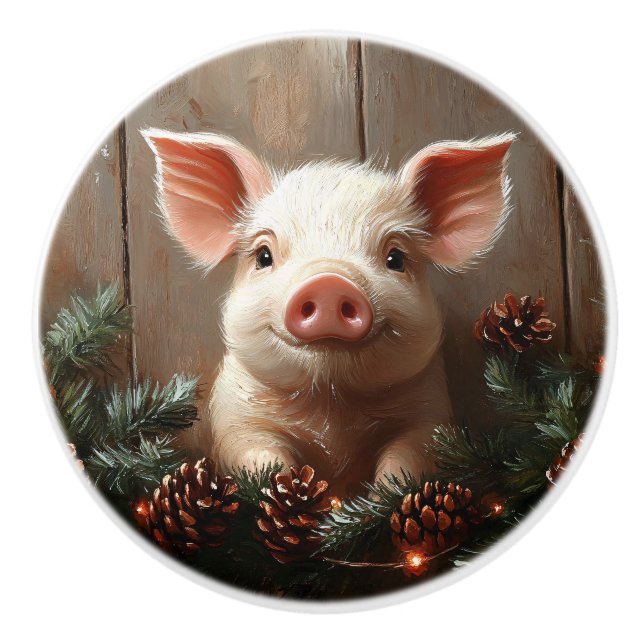Cute Christmas Pig Rustic Painting Ceramic Knob (Front)