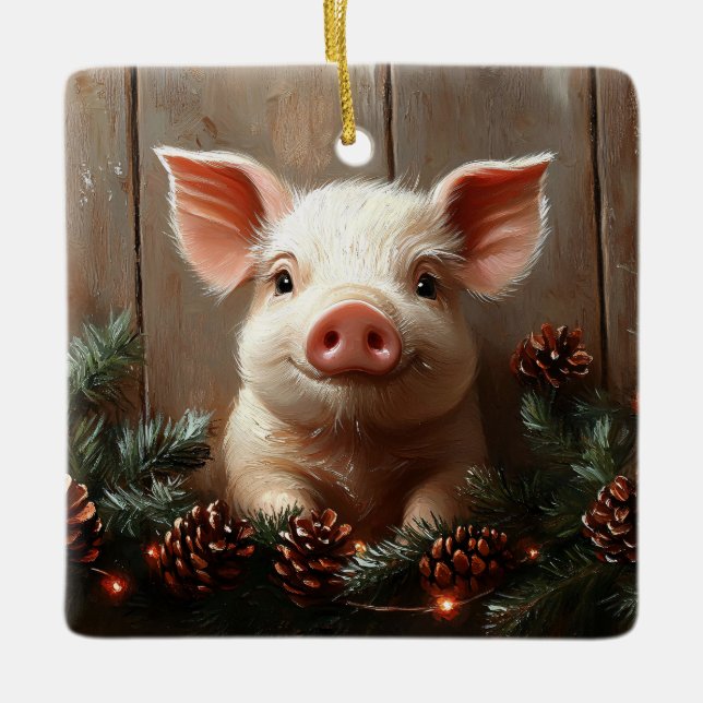 Cute Christmas Pig Rustic Painting Ceramic Ornament (Front)