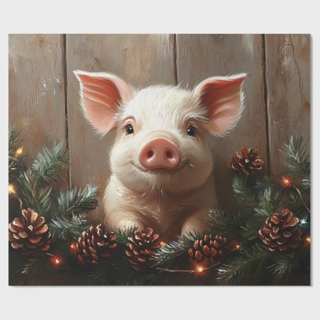 Cute Christmas Pig Rustic Painting Decoupage Wrapping Paper (Flat)