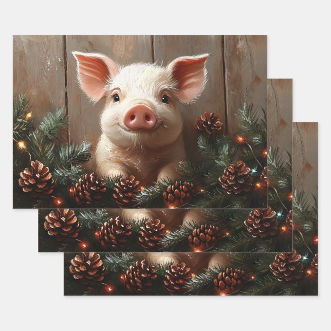 Cute Christmas Pig Rustic Painting Decoupage Wrapping Paper Sheet (Set)