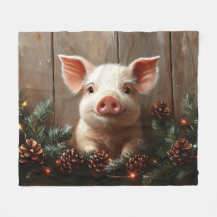 Cute Christmas Pig Rustic Painting Fleece Blanket