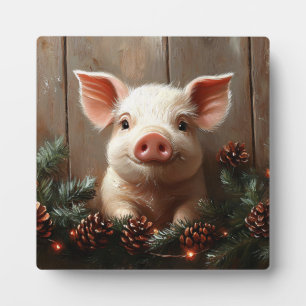 Cute Christmas Pig Rustic Painting Plaque