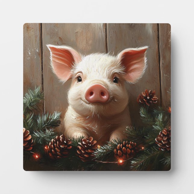Cute Christmas Pig Rustic Painting Plaque (Front)