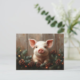 Cute Christmas Pig Rustic Painting Postcard