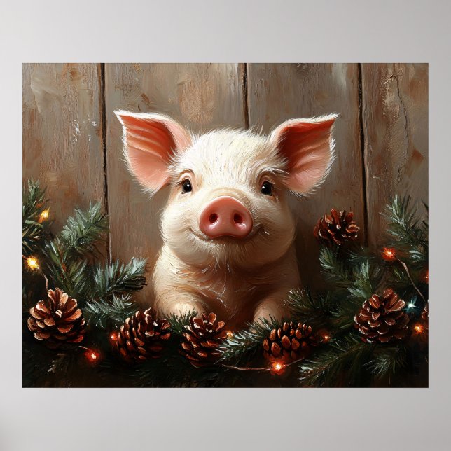Cute Christmas Pig Rustic Painting Poster (Front)