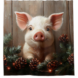 Cute Christmas Pig Rustic Painting Shower Curtain