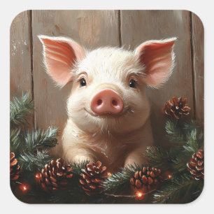 Cute Christmas Pig Rustic Painting Square Sticker