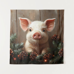 Cute Christmas Pig Rustic Painting Tapestry