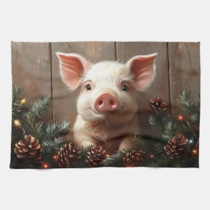 Cute Christmas Pig Rustic Painting Tea Towel