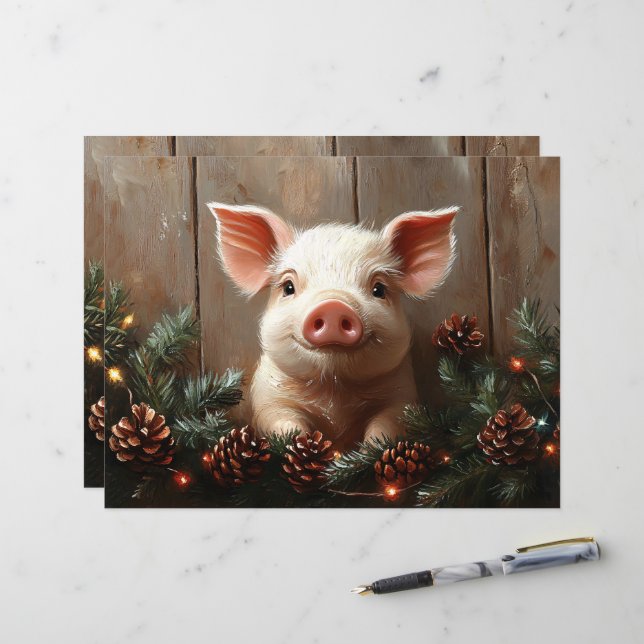 Cute Christmas Pig Rustic Scrapbook Paper (Front/Back In Situ)