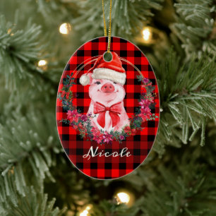 Cute Christmas Pig With Buffalo Plaid Red Rustic Ceramic Tree Decoration