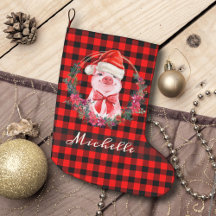 Cute Christmas Pig With Buffalo Plaid Red Rustic
