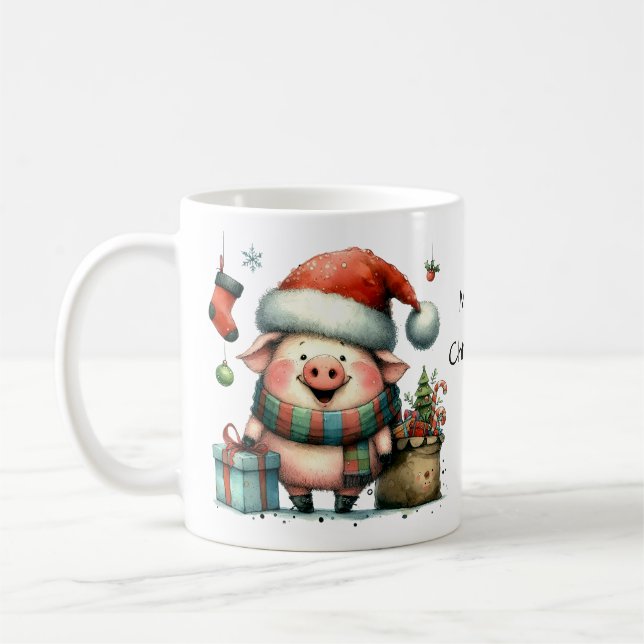 Cute Christmas Pig with Gifts Coffee Mug (Left)