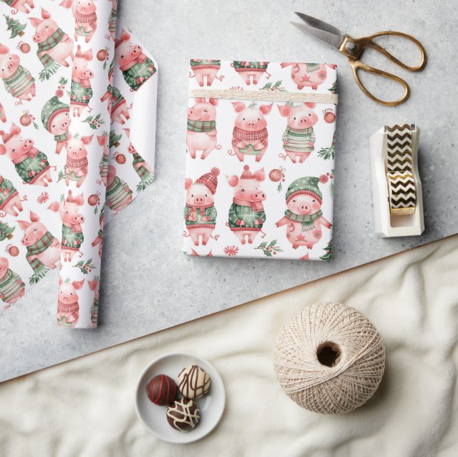 Cute Christmas Piggy White Christmas Wrapping Paper (Crafts)