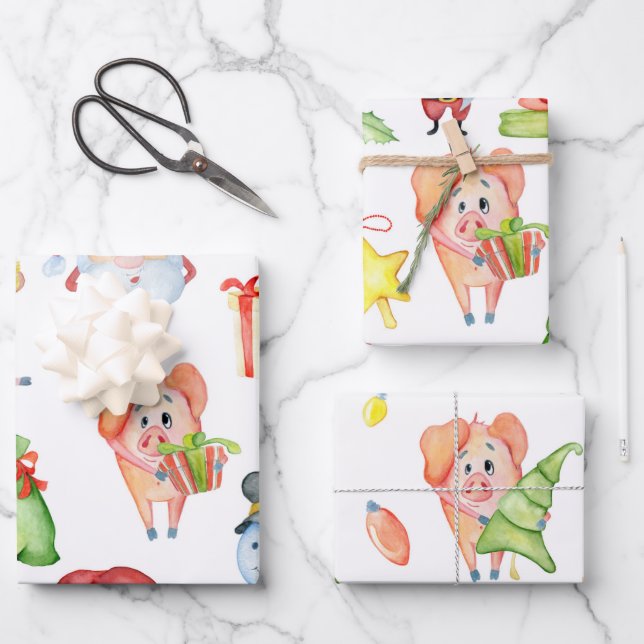 Cute Christmas Pigs Wrapping Paper Sheet (Front)