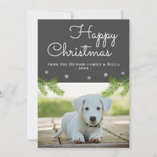 Cute Christmas Pine Branches Snowflake Dog Photo Card