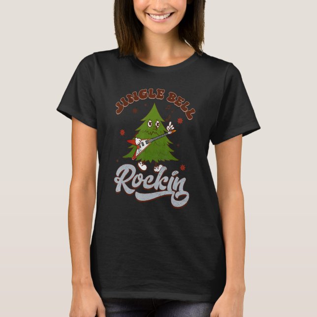 Cute Christmas Pine Tree Playing Guitar  Christmas T-Shirt (Front)