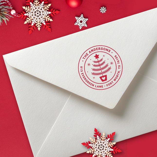 Cute Christmas Pine Tree Return Address Rubber Stamp (Cute Christmas tree return address stamp. Personalize it for your holiday mail.)