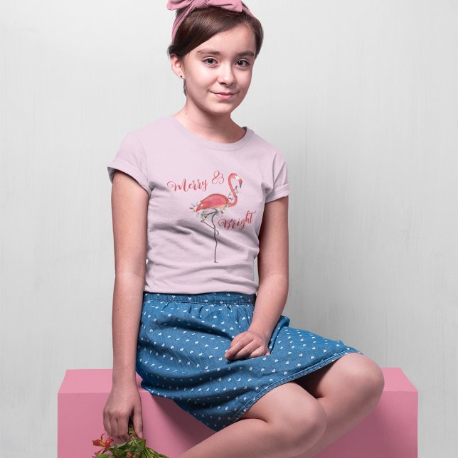 Cute Christmas Pink Flamingo Custom T-Shirt (Pink Flamingo Merry and Bright Girls T Shirt. )