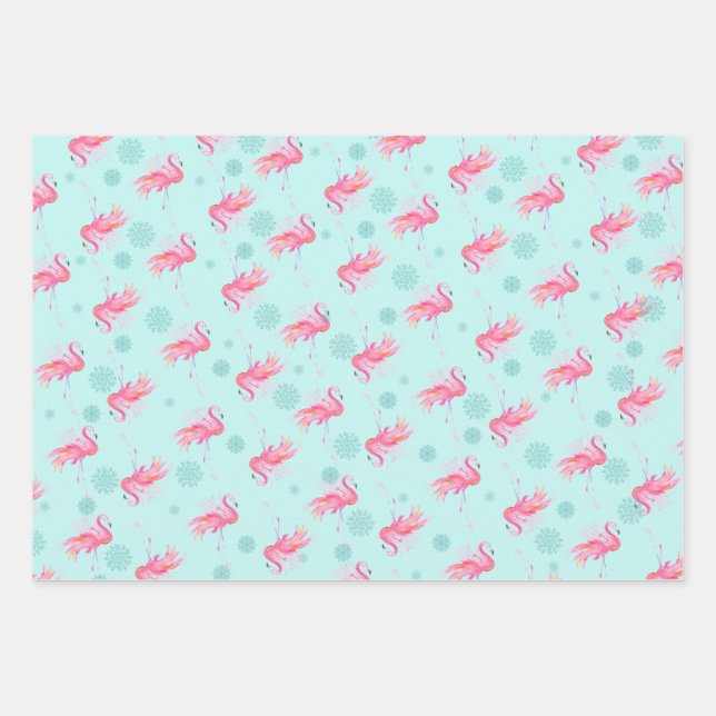 Cute Christmas Pink Flamingo Pattern Watercolor Wrapping Paper Sheet (Front)