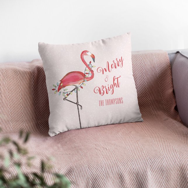 Cute Christmas Pink Flamingo Personalised Holiday  Cushion (Cute pink flamingo Christmas throw pillow with personalized tropical holiday design.)