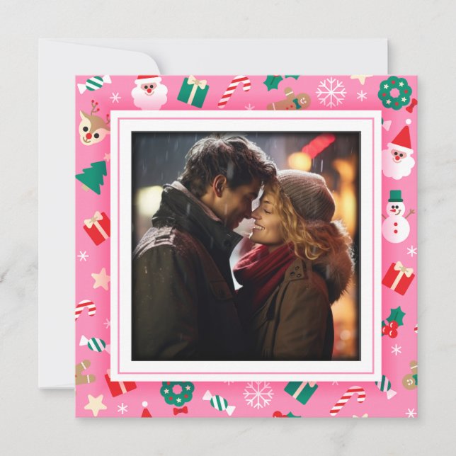 Cute Christmas Pink Photo Frame Holiday Card (Front)