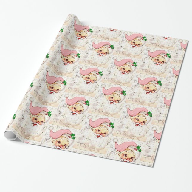 Cute Christmas Pink Retro Vintage Santa Wrapping Paper (Unrolled)