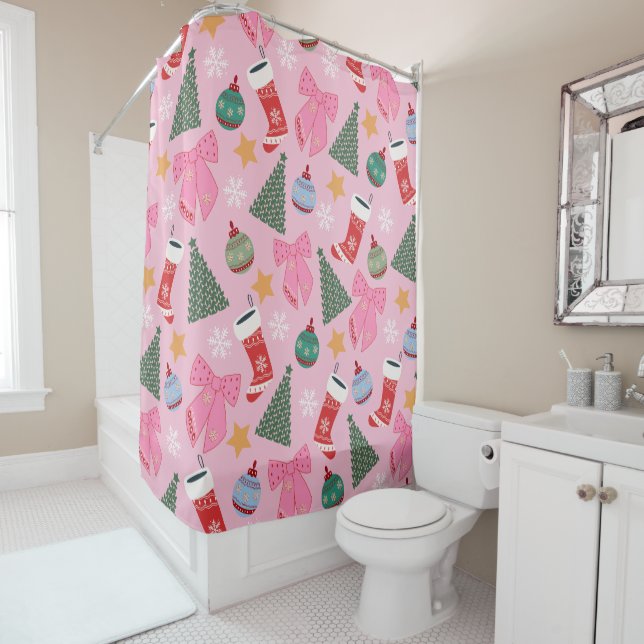 Cute Christmas Pink Shower Curtain (In Situ)
