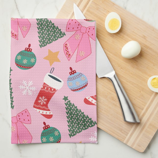 Cute Christmas Pink Tea Towel (Quarter Fold)