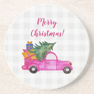 Cute Christmas Pink Truck With Tree And Wishes Coaster