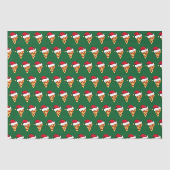 Cute Christmas Pizza Slices in Santa Hats Green Tissue Paper (Front)