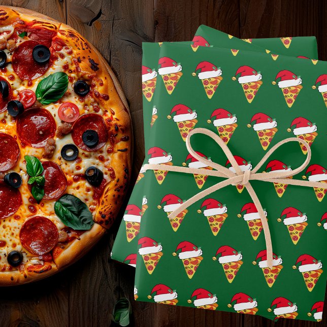 Cute Christmas Pizza Slices in Santa Hats Green Wrapping Paper Sheet (Creator Uploaded)