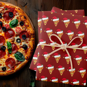 Cute Christmas Pizza Slices in Santa Hats Red Wrapping Paper Sheet