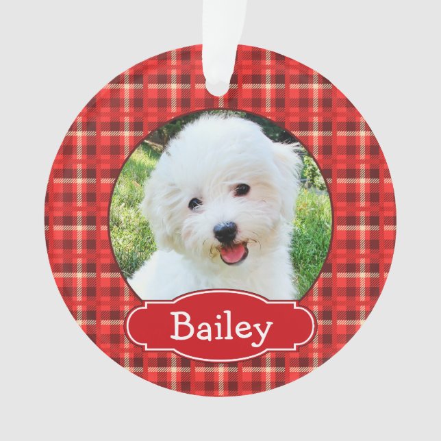 Cute Christmas Plaid Pet Portrait Ornament (Front)