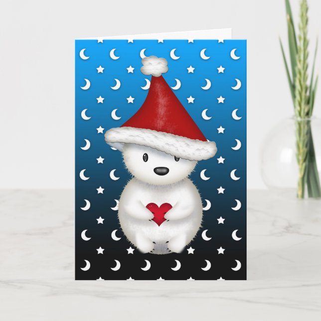 Cute Christmas Polar Bear holding Heart Holiday Card (Front)