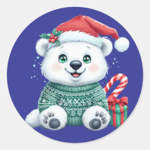 Cute Christmas Polar Bear in Festive Sweater Classic Round Sticker