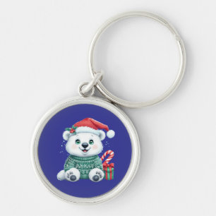 Cute Christmas Polar Bear in Festive Sweater Key Ring