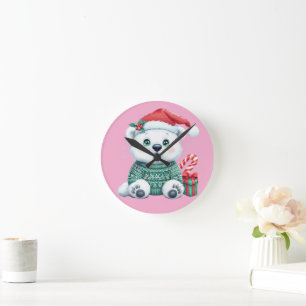 Cute Christmas Polar Bear in Festive Sweater Round Clock