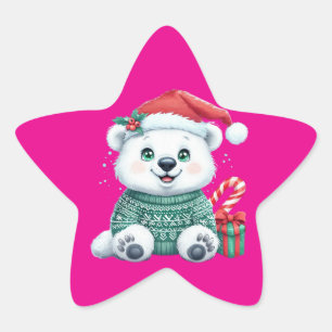 Cute Christmas Polar Bear in Festive Sweater Star Sticker