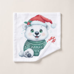 Cute Christmas Polar Bear in Festive Sweater Wash Cloth