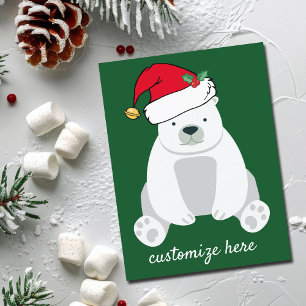 Cute Christmas Polar Bear in Santa Hat Green Postcard