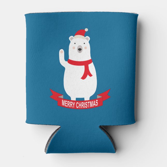 Cute Christmas Polar Bear says Hello Can Cooler (Front)