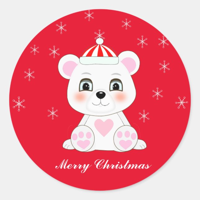Cute Christmas Polar Bear & Snowflakes on Red Classic Round Sticker (Front)