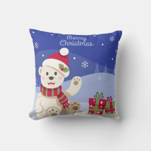 Cute Christmas Polar Bear with Santa Hat Blue Cushion