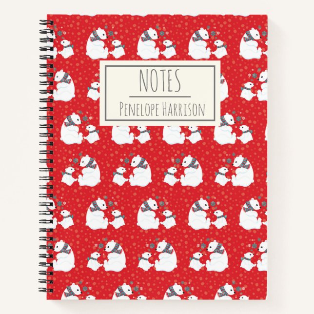 Cute Christmas Polar Bears Red Personalised Notebook (Front)