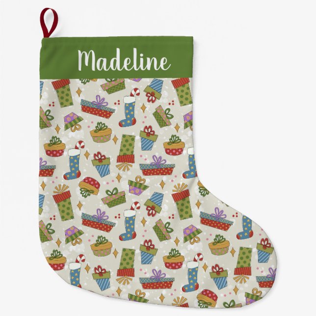 Cute Christmas Presents Large Christmas Stocking (Front)