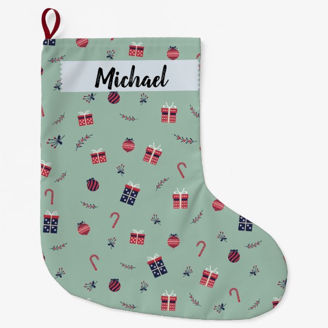 Cute Christmas Presents Ornaments Pattern Large Christmas Stocking (Front)