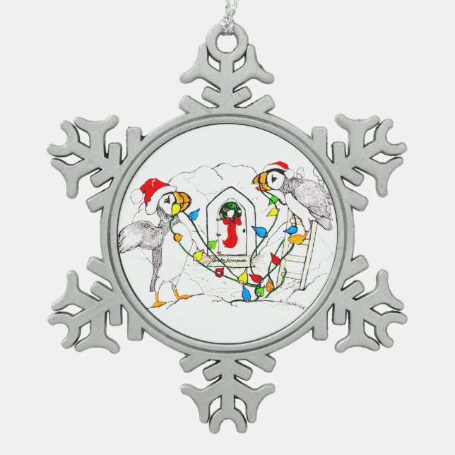 Cute Christmas Puffin Decorating Hut Snowflake Pewter Christmas Ornament (Front)