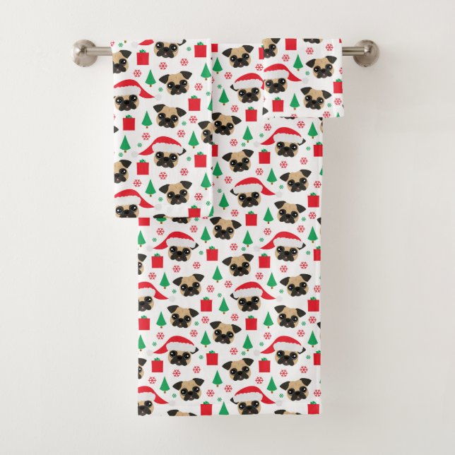 Cute Christmas Pug Bath Towel Set (Insitu)