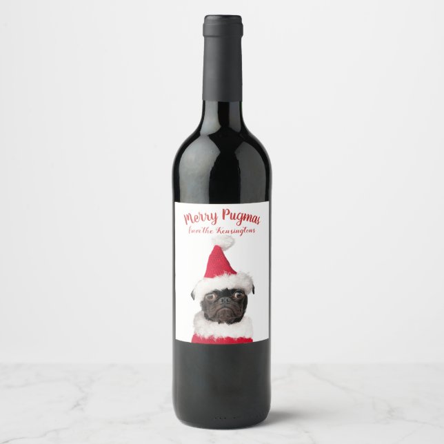 Cute Christmas Pug Puppy Santa Merry Pugmas Wine Label (Front)